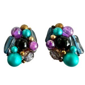 Karu Arke Vintage Cluster Clip on Earrings Teal & Violet Gold Tone